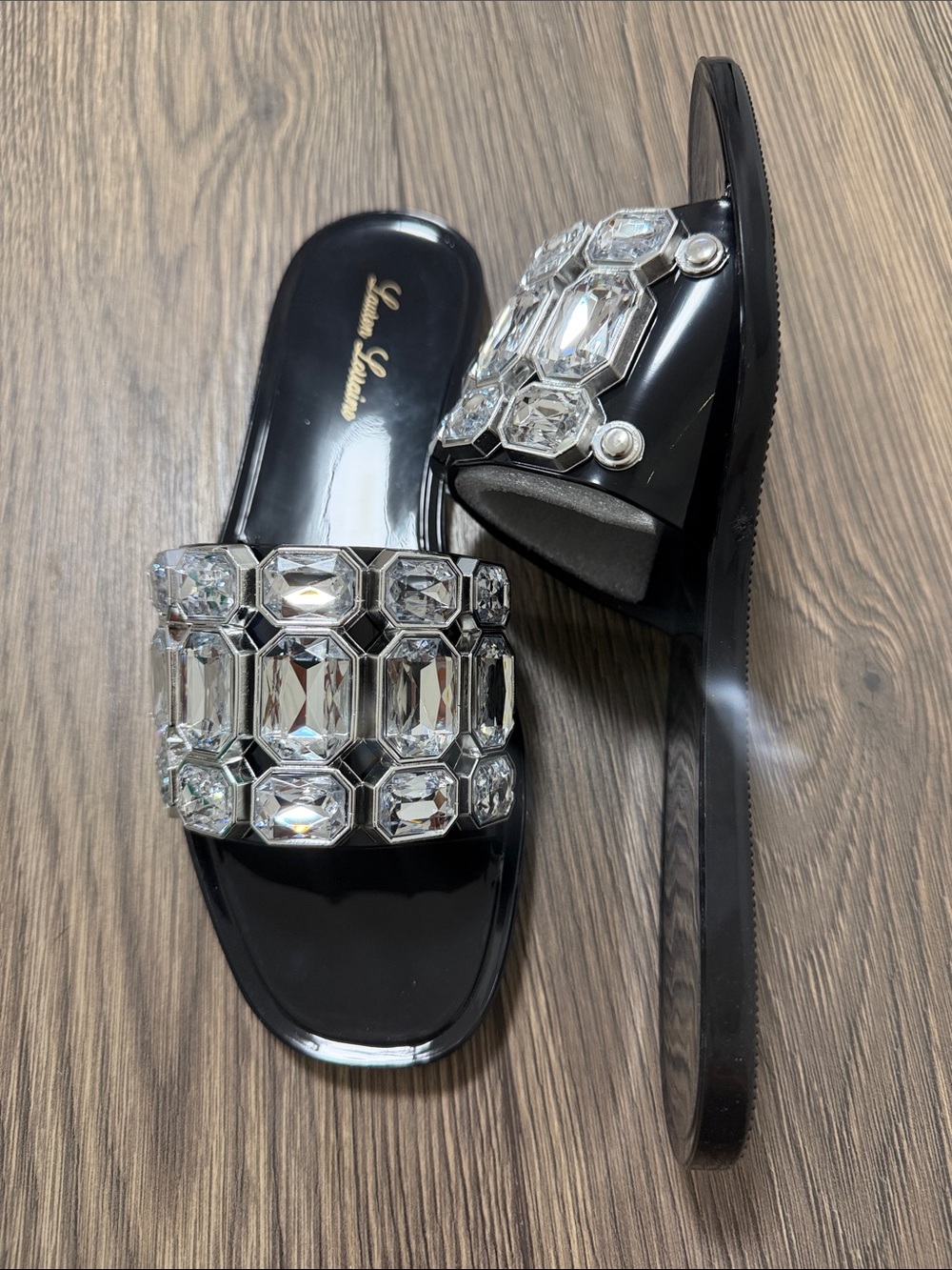 Lauren Lorraine Black Patent Slide Sandals with Oversized Clear Crystals